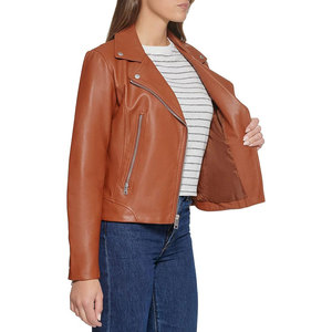Chaqueta de motociclista de cuero genuino para mujer, color marrón claro, con cremallera, cuello vuelto, manga larga - Product Image 5