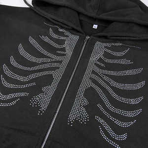 Sweat-shirt à capuche zippé noir pour homme, imprimé squelette en strass, style gothique oversize, manches classiques, en coton tricoté, pour l'automne. - Product Image 3