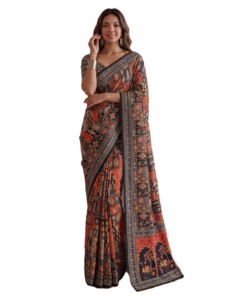 Sari traditionnel indien ethnique à imprimé numérique Ajrak, élégant, avec travail de miroir véritable et chemisier pour femme - Idéal pour les fêtes d'hiver - Meilleur prix - Product Image 2