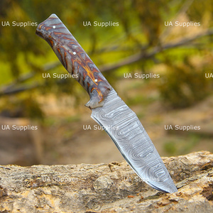 Couteau de chasse d'extérieur à lame fixe en acier Damas, pointe tombante, épaisseur 0,5 mm, avec poignée en forme de cône de pin et étui en cuir, couteaux OEM à marque privée - Product Image 3