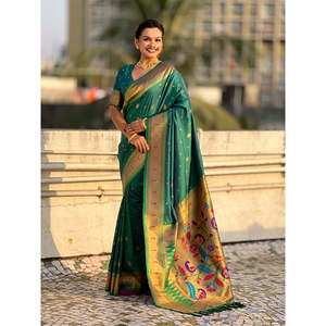 Sari Paithani Verde con Detalles Tejidos en Zari, Ropa India y Pakistaní - Product Image 6