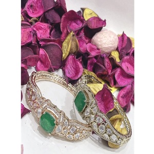 <b>Silver</b> Plated <b>Cuff</b> <b>Bracelet</b> With Jade Stone And Diamond Accents Women's Classic Jewelry Gift - Product Image 2
