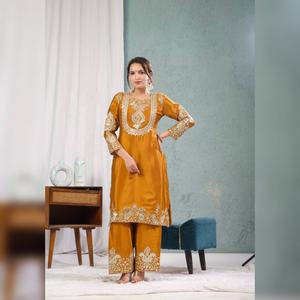 Collection traditionnelle pakistanaise et indienne, ensemble de 3 pièces, broderie lourde, soie chinnon, salwar kameez, motifs fantaisie purs, séchage rapide pour les fêtes - Product Image 1