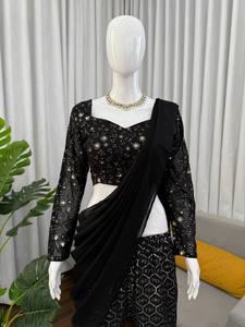 Conjunto Lehenga Choli Sharara Negro Bordado para Mujer, Étnico, Reversible, de Secado Rápido, Largo hasta el Tobillo, para Fiestas, Bodas, Diwali - Product Image 4