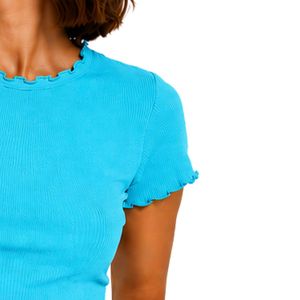 Turquoise Ribbed Crop <b>Top</b> <b>Women</b> Short Sleeve Lettuce Trim Crew Neck Cotton Spandex Slim Fit Casual Summer T Shirt Custom OEM - Product Image 4