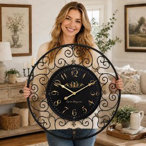 24 Inch Vintage Iron Metal Wall <b>Clock</b>, French Elegant <b>Retro</b> Decor, Large Farmhouse Wall <b>Clock</b>, Silent Battery Operated Wall - Product Image 4
