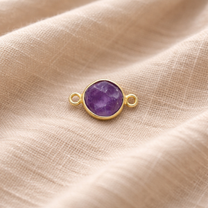 <b>Amethyst</b> Bezel Set Connector Charm | <b>Raw</b> Purple Stone | Gold Double Loop Jewelry Link - Product Image 1