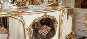 Aparador de Lujo Real de Madera de Teca Sólida con Tallado Dorado, Juego de Espejo de Pared a Juego, Mueble de Acento para Sala de Estar Estilo Palacio - Product Image 2