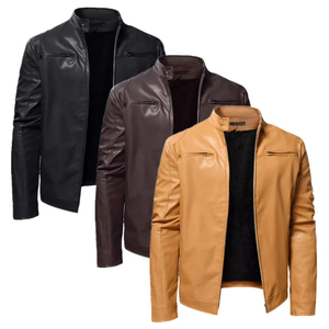 <b>Men's</b> Brown PU Leather <b>Jacket</b> Stand Collar <b>Half</b> <b>Zip</b> Closure Slim Fit Regular Length Moto Biker Style Waterproof Vintage Winter - Product Image 5