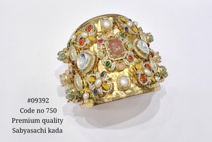 Bracelet manchette plaqué or avec pierres précieuses multicolores et perles, jonc ouvert en zircon cubique, bijou de mariage - Product Image 3