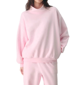 Sudadera Oversize Rosa para Mujer con Cuello Simulado, Parte Delantera Lisa, Ajuste Holgado Casual, Manga Larga, de Felpa Suave de Algodón, Estilo Urbano, Otoño - Product Image 2