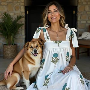 Breezy Sleeveless Cotton Maxi Dress Square Neckline <b>Tie</b>-Up Shoulder Straps Flowing Loose Fit Blue <b>Green</b> <b>Floral</b> Print Casual - Product Image 3