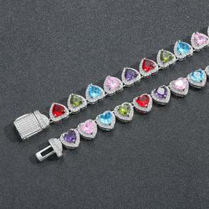 Solid 925 Sterling Silver Iced-Out VVS Moissanite Multicolor Heart Tennis Chain Vibrant Hip-Hop Candy Drip Fashionable <b>Necklace</b> - Product Image 3