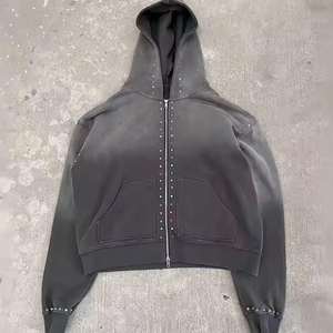 Survêtements zippés pour hommes en coton 100% French Terry, entièrement ornés de strass, effet délavé, coupe ample, vente en gros - Product Image 3