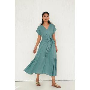 Vestido Maxi con Corte en A, Cuello en V, Manga Corta, Diseño de Puntos, Estilo Cruzado, Plisado, Ligero y Transpirable para Mujer - Product Image 1