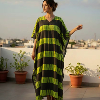 Robe longue kaftan tie-dye en coton naturel sur mesure, col en V, faite à la main, taille ajustable avec lien, simple et lavable