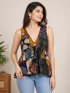 Blusa de Algodón con Estampado Floral Bohemio para Mujer, Top Peplum de Manga Larga con Retazos, Cuello en V Profundo y Espalda Cruzada, Moda de Boutique al por Mayor - Product Image 2