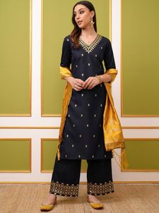 Navy Blue Embroidered Silk Quick Dry <b>Kurta</b> Palazzos Dupatta Traditional Indian Pakistani Set <b>Women</b> Casual Wear Regular Fit - Product Image 1