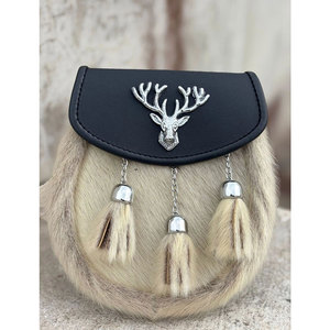 Handmade Black White Fur with <b>Stag</b> <b>Head</b> Antique Leather Kilt Sporran Top Selling Traditional Scottish Pouches and Bags - Product Image 4