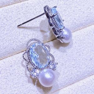 Boucles d'oreilles pendantes en zircon et perles d'eau douce bleu marine rétro français de Zhuji Source Wholesale, luxe exquis, mode bleu clair français - Product Image 4
