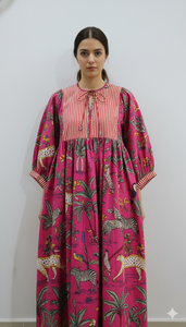 Robe Courte Rose à Imprimé Floral 100% Coton pour Femme, Style Bohème Thème Jungle, Faite à la Main, Taille Naturelle, Coupe Évasée, Tenue d'Été - Product Image 4