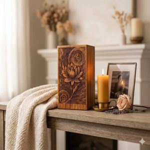 Handmade Wooden Cremation Urn Adult Ashes <b>Memorial</b> <b>Keepsake</b> <b>Box</b> Carved Lotus Custom Engraved Name Home Display - Product Image 1