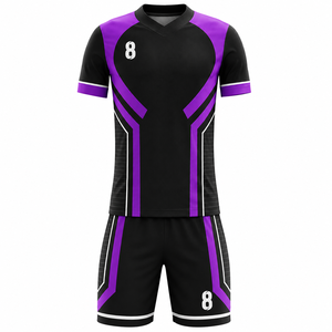 Ensemble maillot et short de football pour homme, noir et violet, col en V, sublimé, anti-humidité, 100 % polyester, taille élastique, numéro 8 - Product Image 1