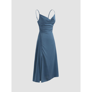 Vestido midi de satén con cuello vuelto y abertura lateral para mujer - Product Image 2