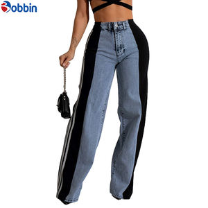 Jean pour femme à logo personnalisé, à rayures latérales, taille haute, patchwork, coupe large et droite, en denim, tendance - Product Image 3