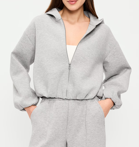 Sweat-shirt unisexe à capuche zippé, coupe courte, gris uni, décontracté, automne, en molleton bouclette, manches classiques - Product Image 2