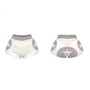 Shorts cortavientos para mujer, 180 GSM, malla de poliéster, azul claro y morado, panel lateral con logo sublimado, shorts personalizados para mujer - Product Image 3