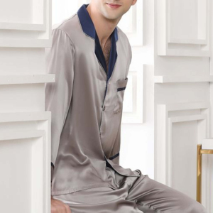 Ensemble de vêtements de détente pour homme personnalisé, respirant, de haute qualité, uni, manches longues, col en V, coton satiné doux, pyjama personnalisable, été - Product Image 4