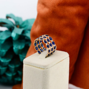 Natural Blue Sapphire Triple-<b>Row</b> Statement Ring in Solid 18K Yellow Gold – Wide Triple-Band Bezel Set Ring September Birthstone - Product Image 6