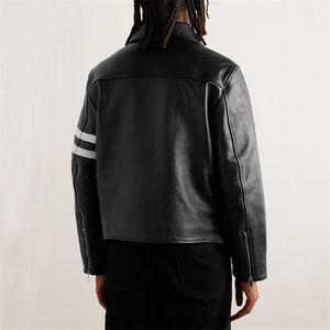 Mens Real Black Leather Jacket Slim Fit Biker Motorcycle Vintage Striped Cowhide <b>Coat</b> Custom Classic Fashion Outerwear Cold Wear - Product Image 2