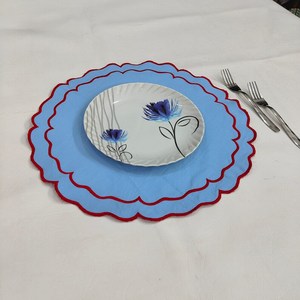 Round Double scalloped white <b>Placemat</b>, Embro linen white fabric table mat easy care,machine washable rustic kitchen decor - Product Image 2
