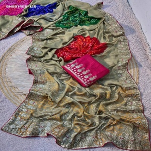 Premium Quality Moss Chiffon Silk with Bandhej Print & Foil <b>Gota</b> Patti work & RIch Pallu Saree-Mono Work Blouse Indian Supplier - Product Image 1