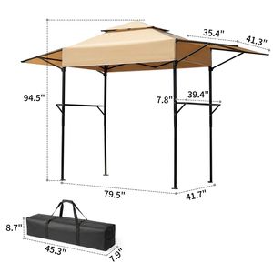 Khaki Polyester 3.3x12.5FT Double Top <b>Grill</b> Gazebo Adjustable Side Sunshades Black Powder Coated Folding Frame for Villa <b>BBQ</b> - Product Image 4