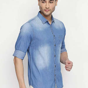 Chemise en jean unie style vintage pour homme avec boutons en corne, délavage clair, poches poitrine simples, confortable, respirante, séchage rapide - Product Image 5