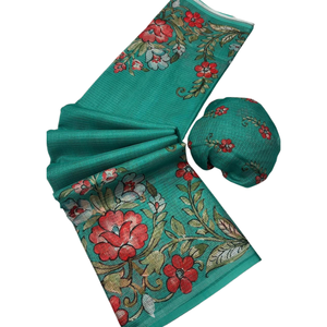 Sari con Estampado Floral de Última Moda para Mujer – Sari Verde Tradicional para Fiestas y Festivales - Product Image 1