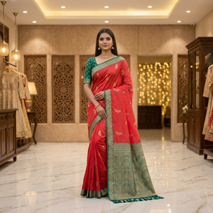 <b>Red</b> Banarasi Silk <b>Saree</b> With Green Border And Weaving Work For Wedding Wear Women Traditional Indian Style - Product Image 1