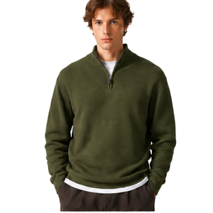 Suéter de punto para hombre, verde oliva, con cremallera de un cuarto, cuello alto, manga larga, jersey informal de invierno, tejido suave, ajuste premium - Product Image 1