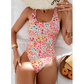 Costume da bagno intero da donna con stampa floreale, scollo rotondo, senza schienale, con laccetti posteriori, bikini e abbigliamento da spiaggia floreale - Product Image 1