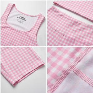 Pink Plaid 2 Piece Casual Sleeveless Sports <b>Set</b> Crop Top High Waist Shorts Breathable Polyester Women's Workout Wear Spring - Product Image 4