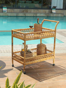 Carrito de Bar Rodante de 2 Niveles de Ratán, Carrito para Servir Vino, Carrito Utilitario, Carrito de Almacenamiento para Cocina, Estante para Condimentos con Ruedas - Product Image 4