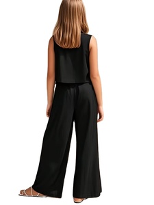 Ensemble 2 pièces d'été pour filles : débardeur en maille polyester-coton et pantalon large, couleur unie, respirant et frais - Product Image 4