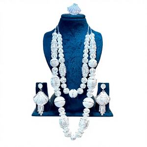 Luxury Gold Finish Double Layer Beaded Long Necklace Set with Shell Pendant, <b>Matching</b> Earrings & Ring 63132 - Product Image 2