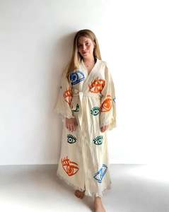 Conjunto de Kimono de Dos Piezas con Diseño de Ojo Turco para Mujer, Cintura Natural, Sostenible y Lavable, Ropa de Playa, Vestidos de Crepé 100% Algodón - Product Image 2