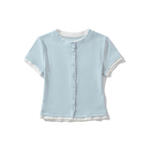 Women's Double-<b>Layered</b> Ribbed Button Cardigan 2026 Pastel Baby Blue Slim Fit Short Sleeve Casual Preppy Summer Knit <b>Top</b> HD - Product Image 1
