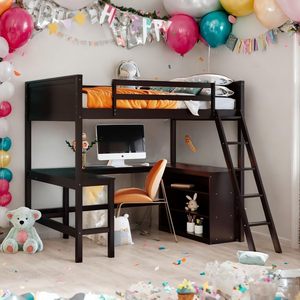 เตียงลอฟท์ขนาดร่วมสมัยในสไตล์โมเดิร์นสีน้ำตาลทึบดีไซน์มีชั้นวางและโต๊ะสำหรับใช้ในบ้าน - Product Image 1