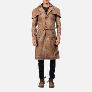 <b>Men's</b> Brown Genuine Leather Knee Length Cape Trench Coat Single Breasted Shirt Collar <b>Overcoat</b> - Product Image 4